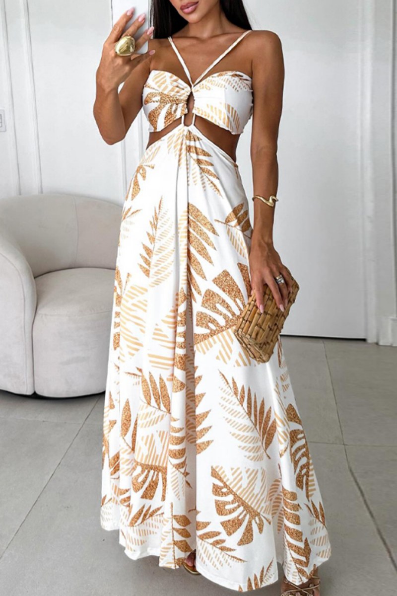 Print Backless Spaghetti Strap Long Dresses