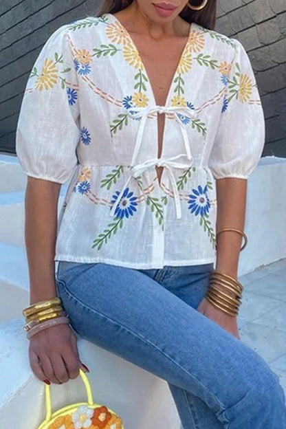 Not Positioning Printed Flowers Frenulum V Neck Blouses