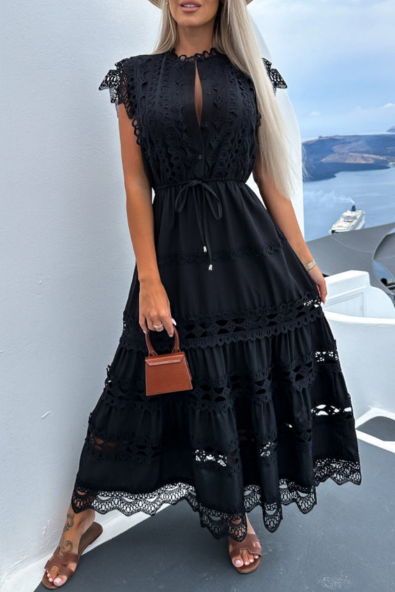 Patchwork Buttons O Neck Long Dresses