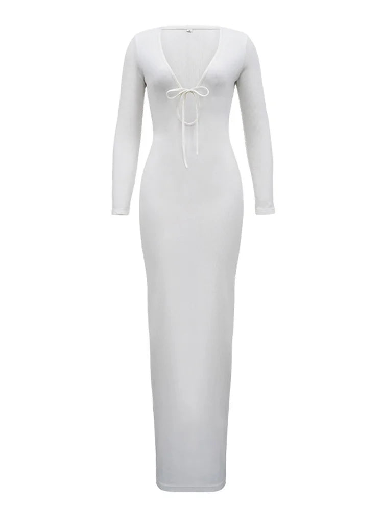 V-neck High Waist Slim Maxi Dress – Bandage Long Sleeve Party Dress Summer