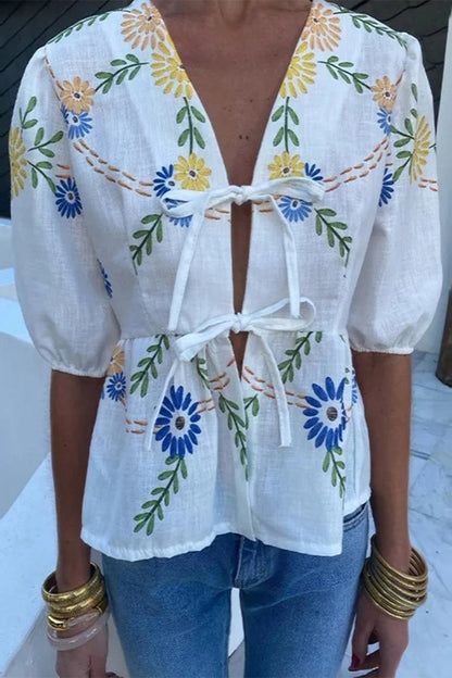 Print Flowers Frenulum V Neck Blouses