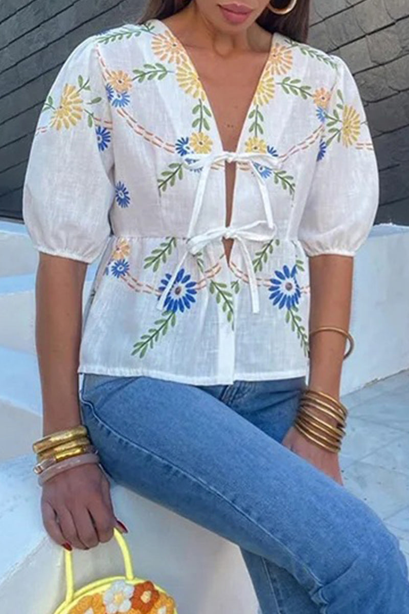 Print Flowers Frenulum V Neck Blouses