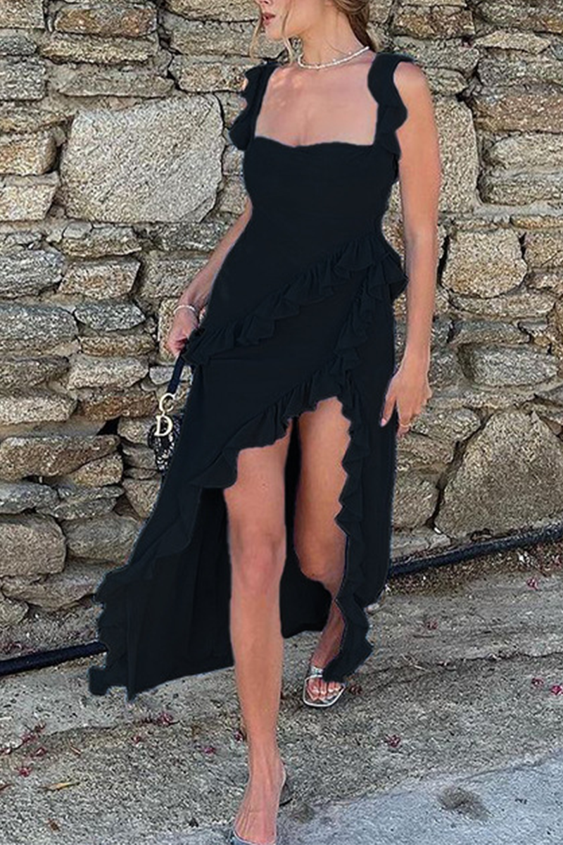 Patchwork Backless Slit Spaghetti Strap Long Dresses(3 Colors)