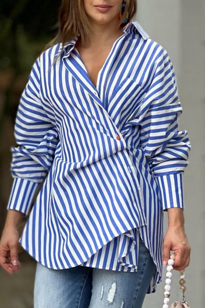 Striped Print Patchwork Asymmetrical Shirt Collar Blouses
