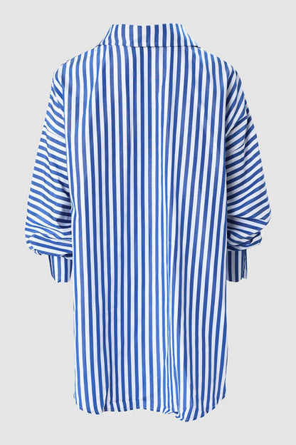 Striped Print Patchwork Asymmetrical Shirt Collar Blouses