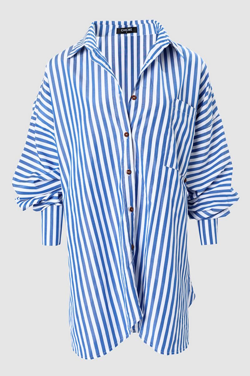 Striped Print Patchwork Asymmetrical Shirt Collar Blouses