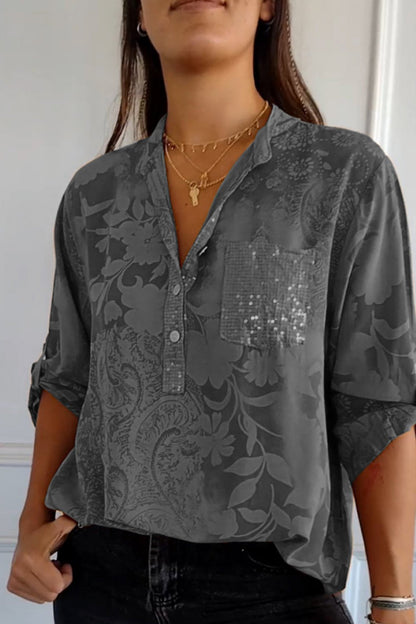 Pocket Contrast Mandarin Collar Blouses(10 Colors)