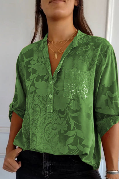 Pocket Contrast Mandarin Collar Blouses(10 Colors)