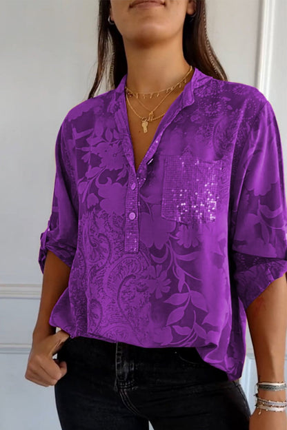 Pocket Contrast Mandarin Collar Blouses(10 Colors)