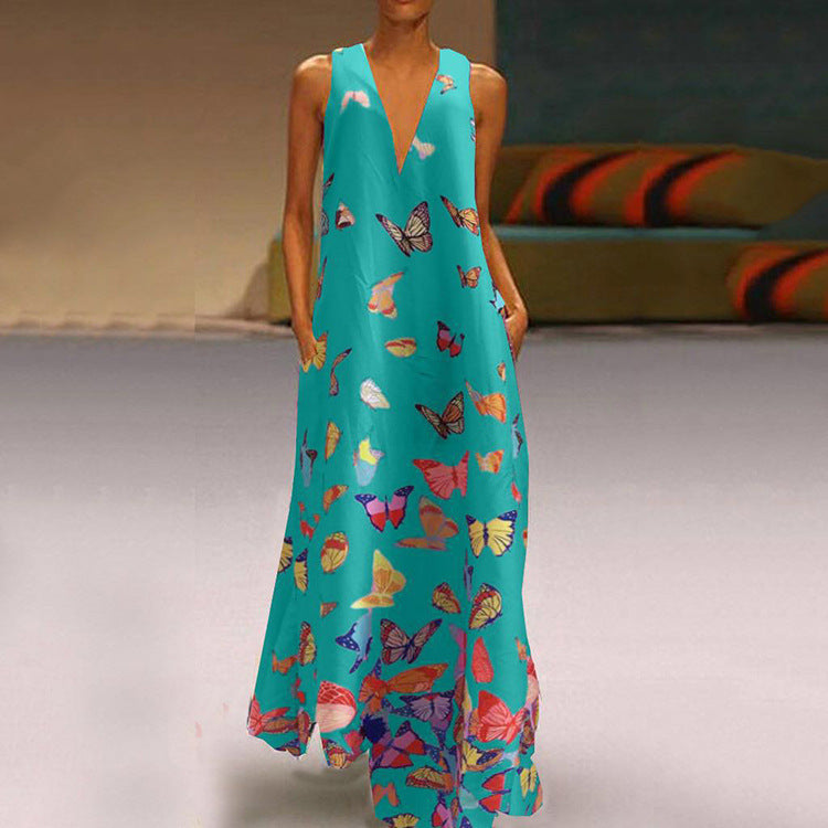 Summer Butterfly Print Beach Dress V-neck Sleeveless Maxi Dress Clothing