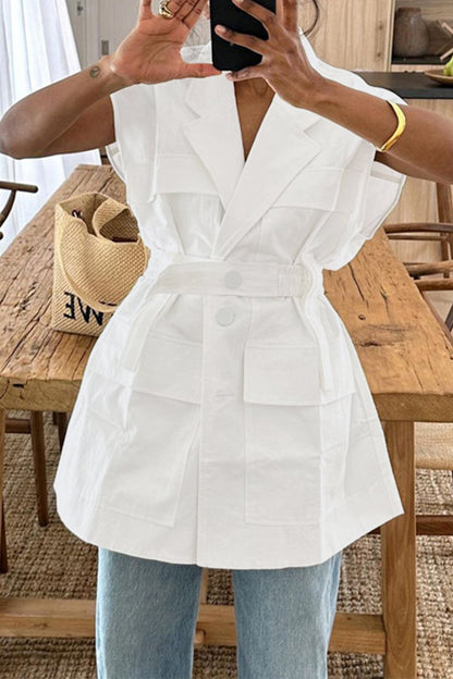 Bandage Pocket Buttons Turn-back Collar Blouses(4 Colors)
