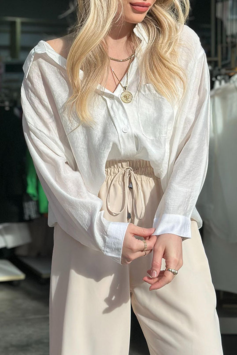 Simplicity Pocket Turndown Collar Blouses(4 Colors)