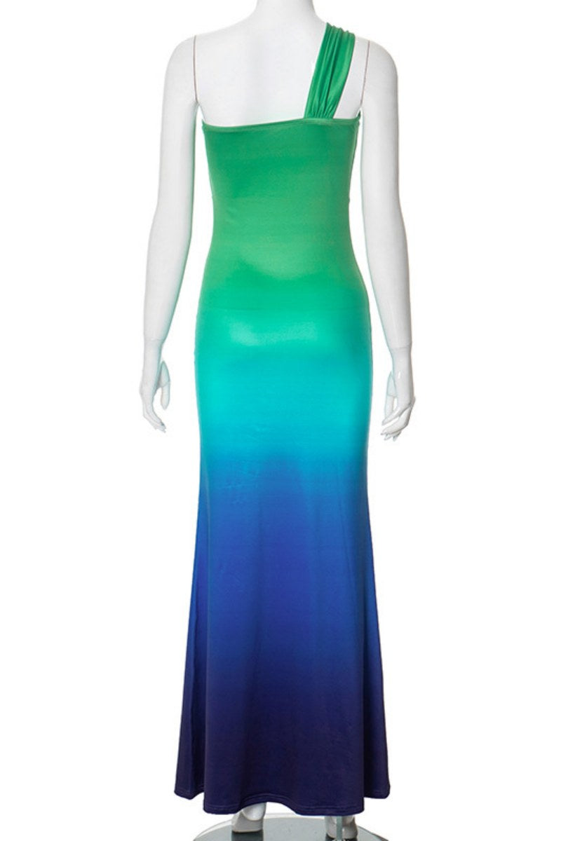 Gradient Print Hollowed Out Backless Oblique Collar Long Dresses