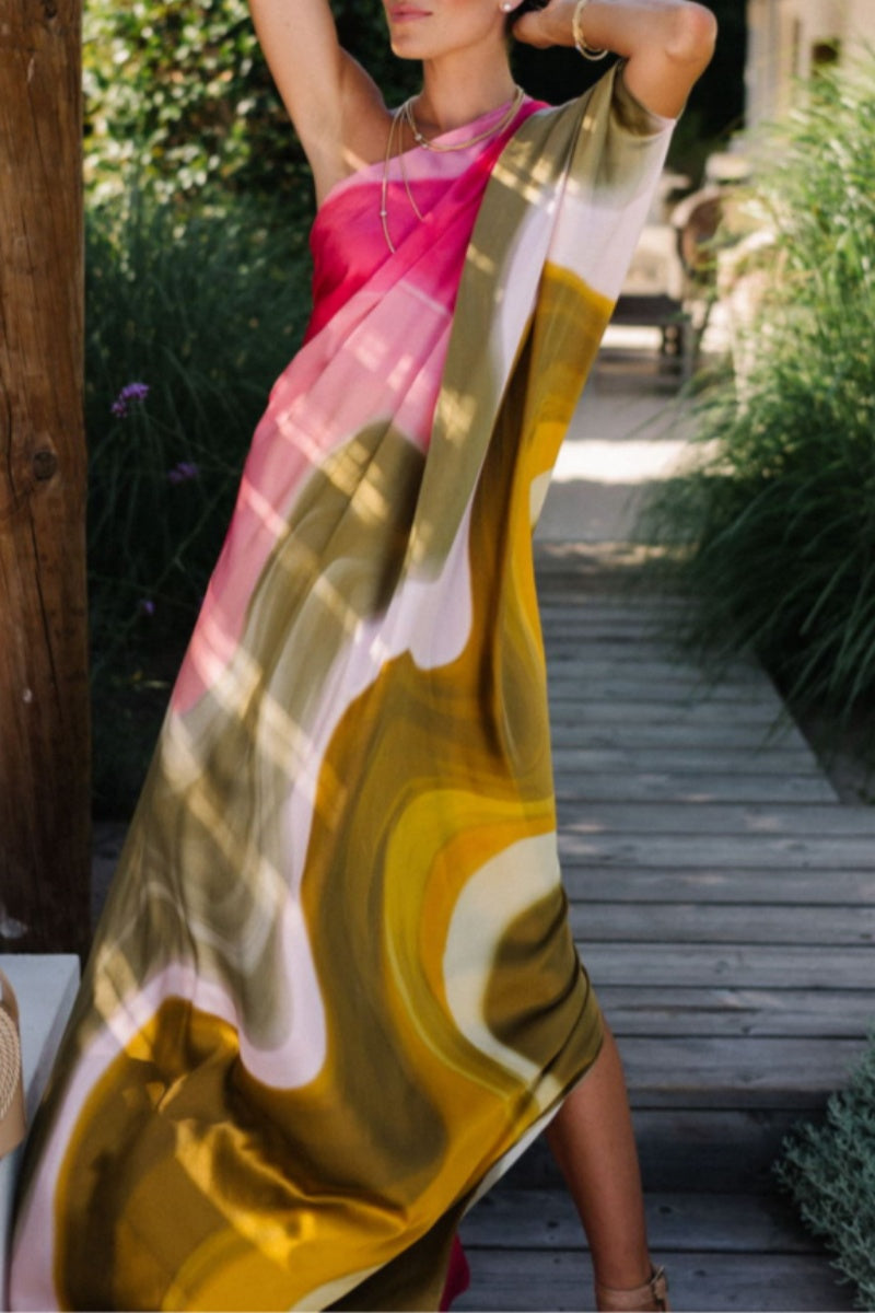 Print Backless Oblique Collar Long Dresses