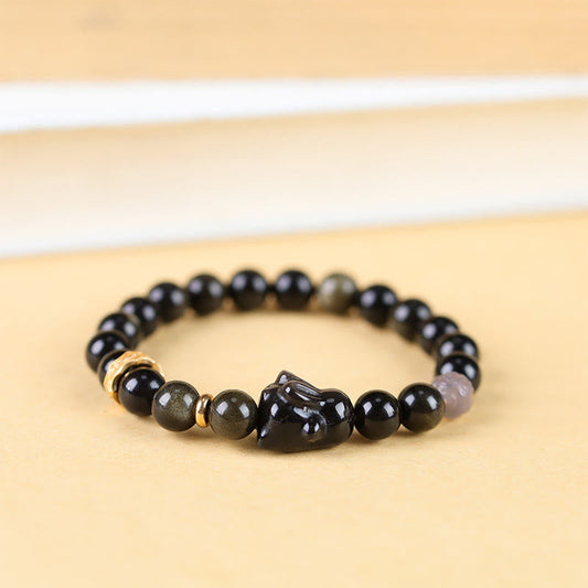 Buddha Stones Gold Sheen Obsidian Black Obsidian Silver Sheen Obsidian Rabbit Protection Bracelet