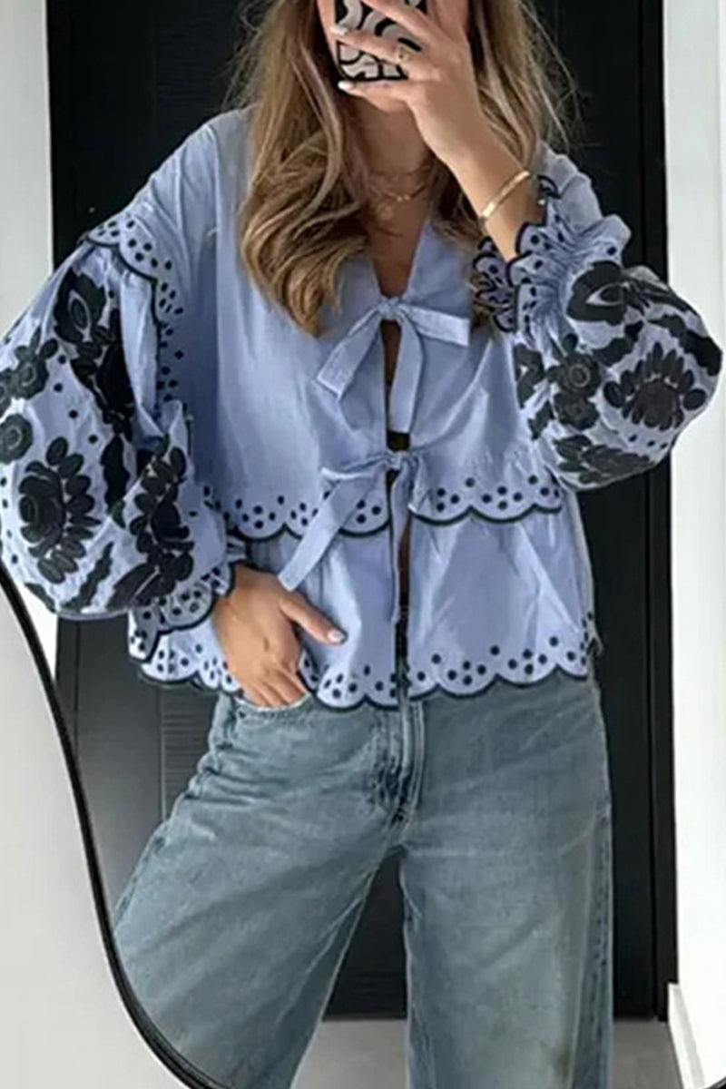 Color Hollow Out Lace Up Patchwork V Neck Blouses (3 Colors)