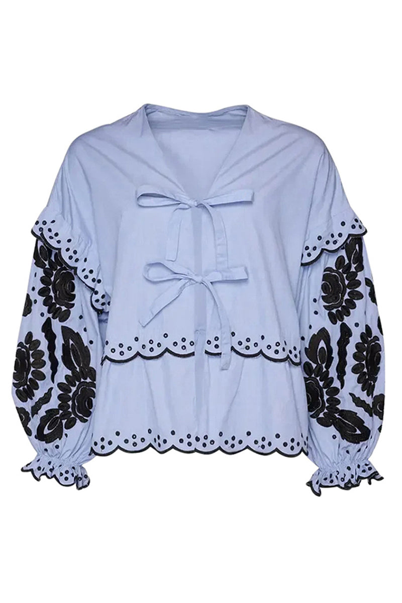 Color Hollow Out Lace Up Patchwork V Neck Blouses (3 Colors)