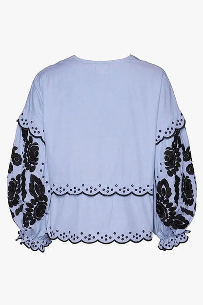 Color Hollow Out Lace Up Patchwork V Neck Blouses (3 Colors)