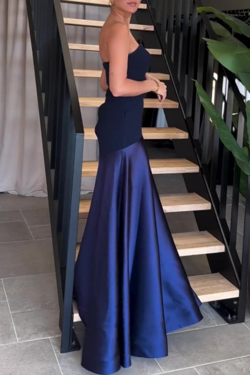 Formal Patchwork Backless Contrast Strapless Long Dresses