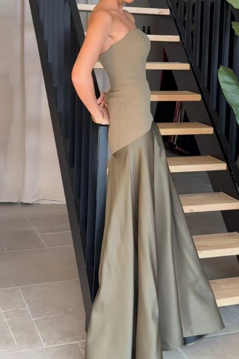 Formal Patchwork Backless Contrast Strapless Long Dresses