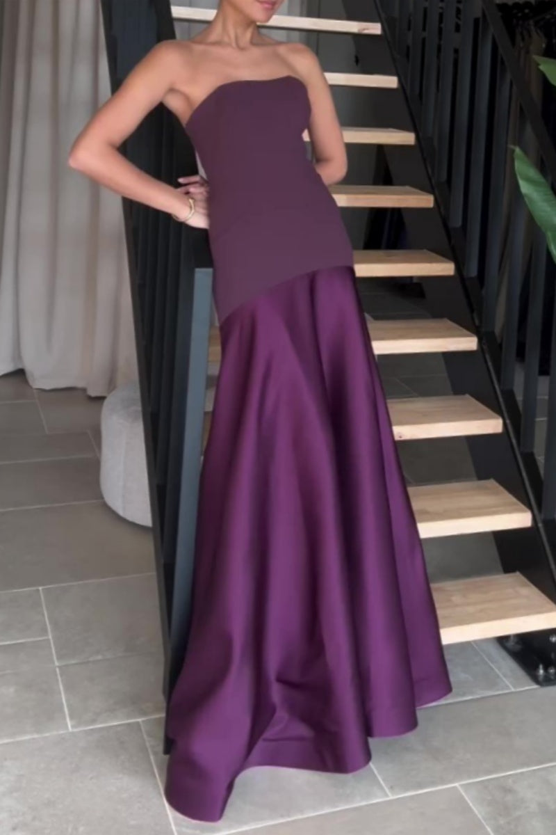 Formal Patchwork Backless Contrast Strapless Long Dresses