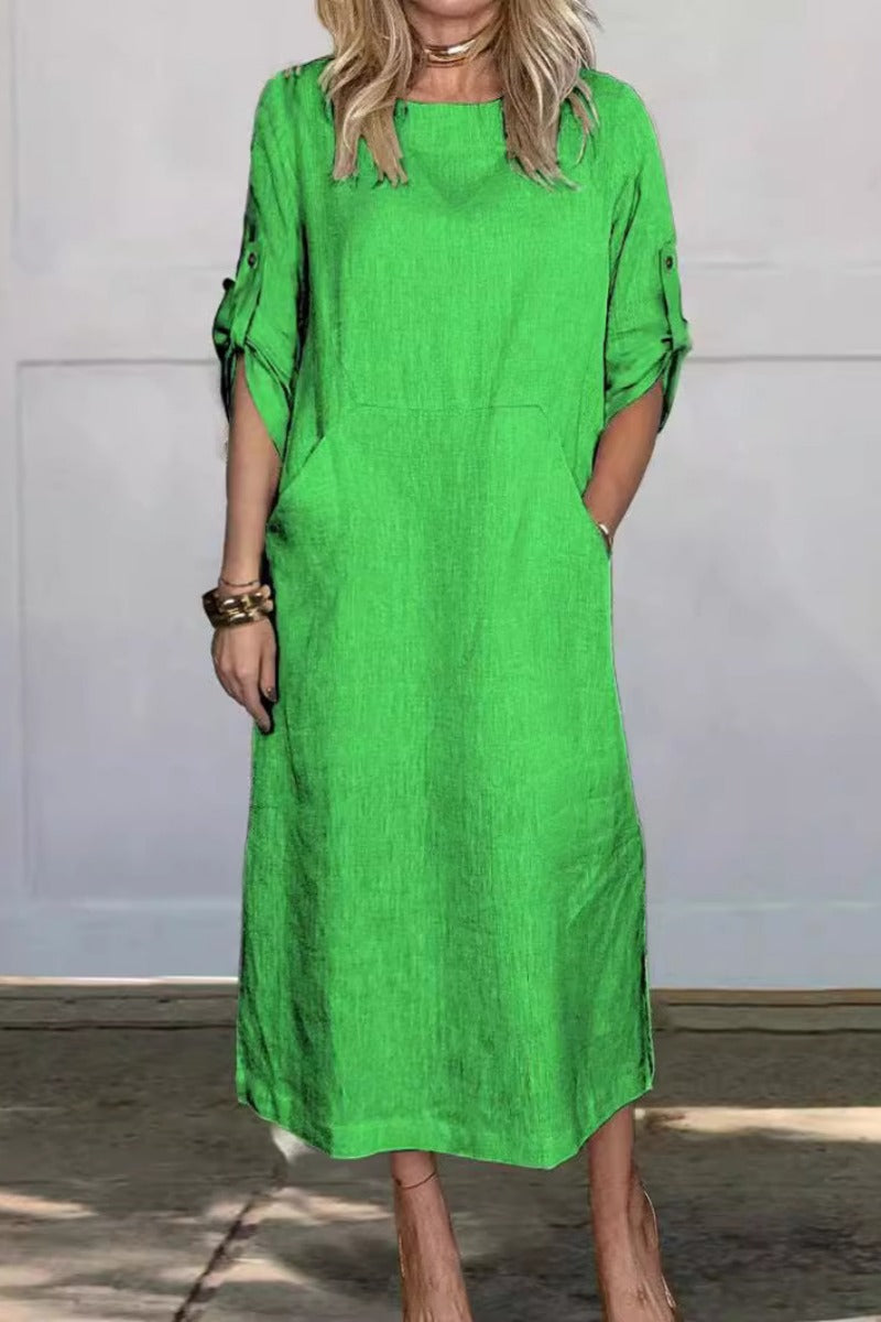 Color Pocket O Neck Long Dresses(7 Colors)