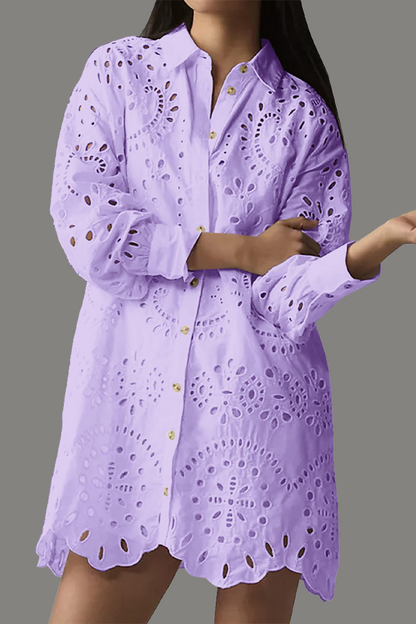 Daily Color Hollow Out Buckle Turndown Collar Blouses(4 Colors)