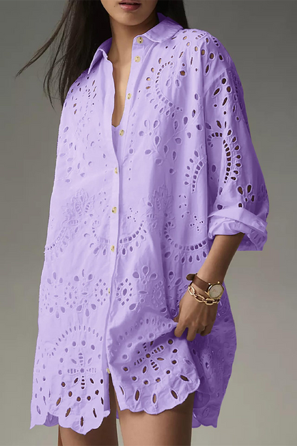 Daily Color Hollow Out Buckle Turndown Collar Blouses(4 Colors)
