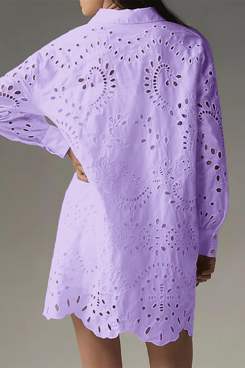 Daily Color Hollow Out Buckle Turndown Collar Blouses(4 Colors)