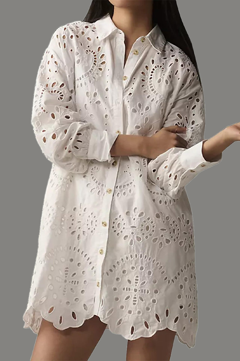 Daily Color Hollow Out Buckle Turndown Collar Blouses(4 Colors)