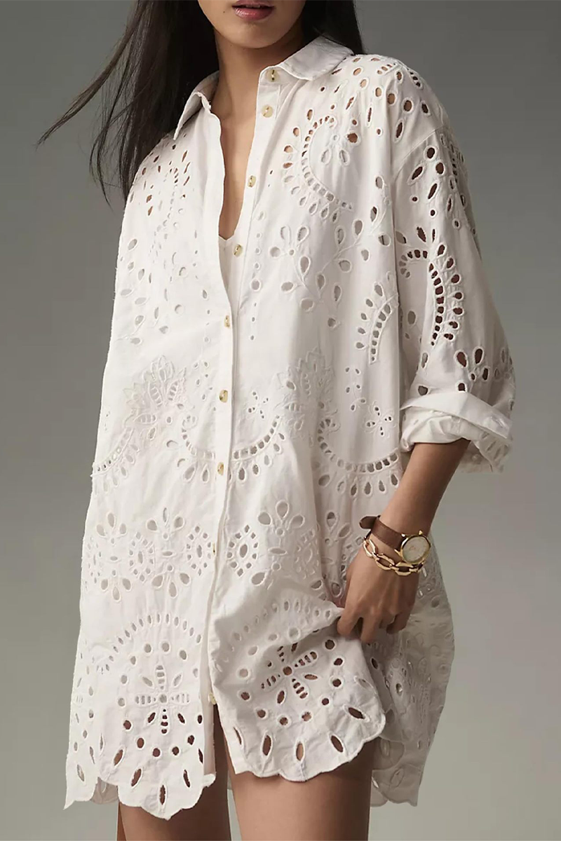 Daily Color Hollow Out Buckle Turndown Collar Blouses(4 Colors)