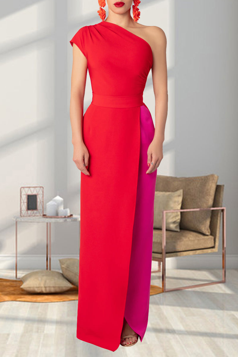 Street Color Backless High Slit Patchwork Contrast Oblique Collar Long Dresses