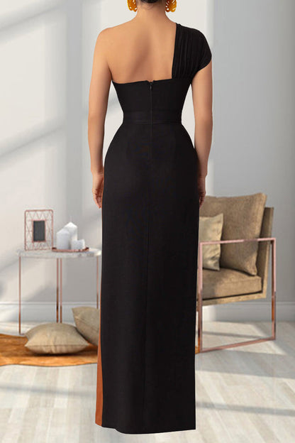 Street Color Backless High Slit Patchwork Contrast Oblique Collar Long Dresses