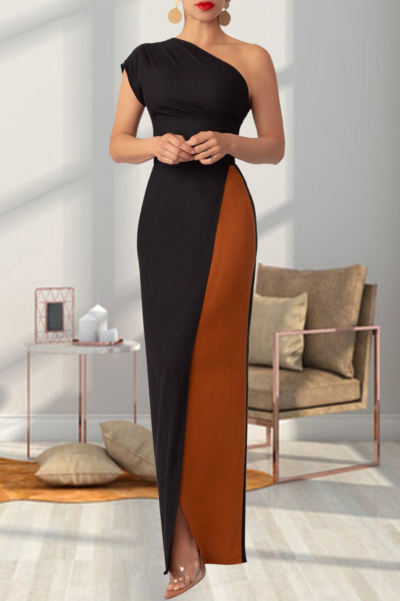 Street Color Backless High Slit Patchwork Contrast Oblique Collar Long Dresses