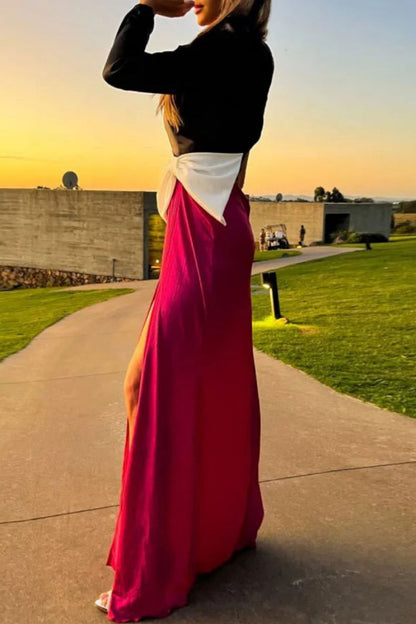 Patchwork Hollow Out Slit Bow Decor Oblique Collar Long Dresses