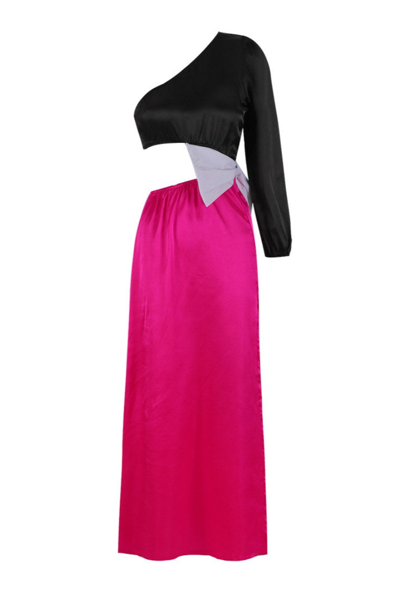 Patchwork Hollow Out Slit Bow Decor Oblique Collar Long Dresses