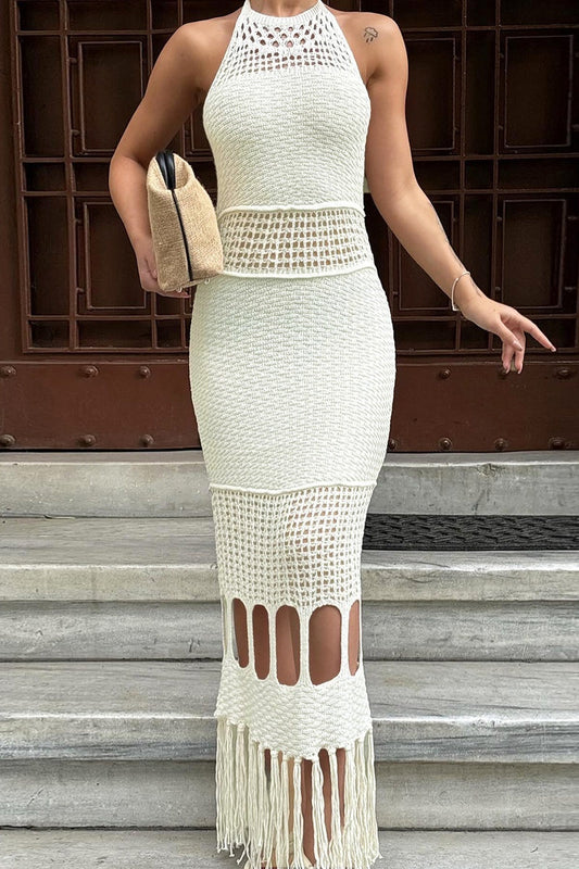 Color Fringed Trim Hollow Out Backless Halter Long Dresses