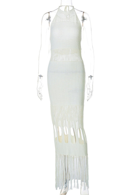 Color Fringed Trim Hollow Out Backless Halter Long Dresses