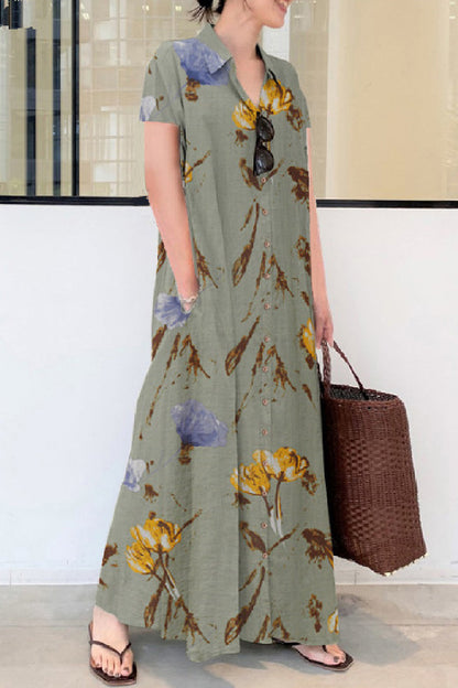 Color Print Patchwork Shirt Collar Long Dresses(6 Colors)
