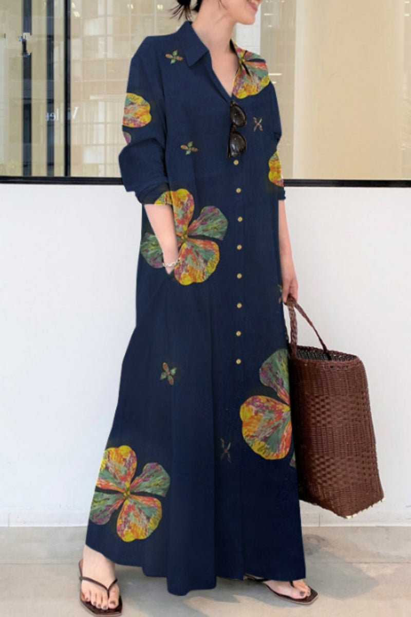 Print Basic Shirt Collar Long Dresses(4 Colors)