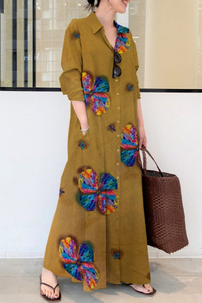 Print Basic Shirt Collar Long Dresses(4 Colors)