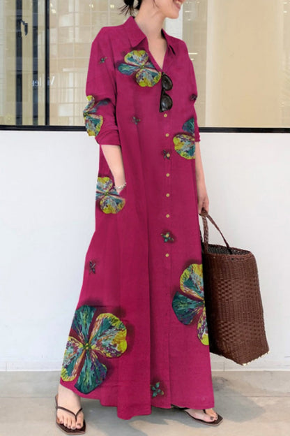 Print Basic Shirt Collar Long Dresses(4 Colors)