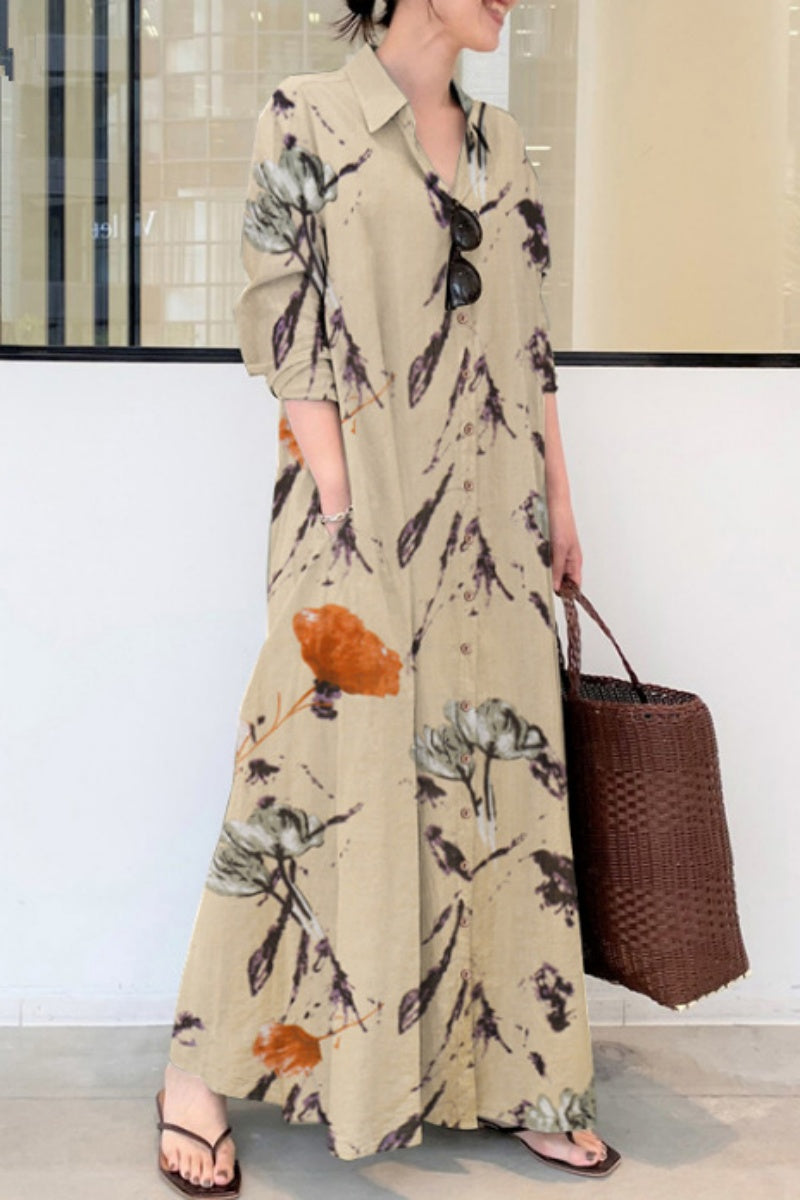 Print Patchwork Shirt Collar Long Dresses