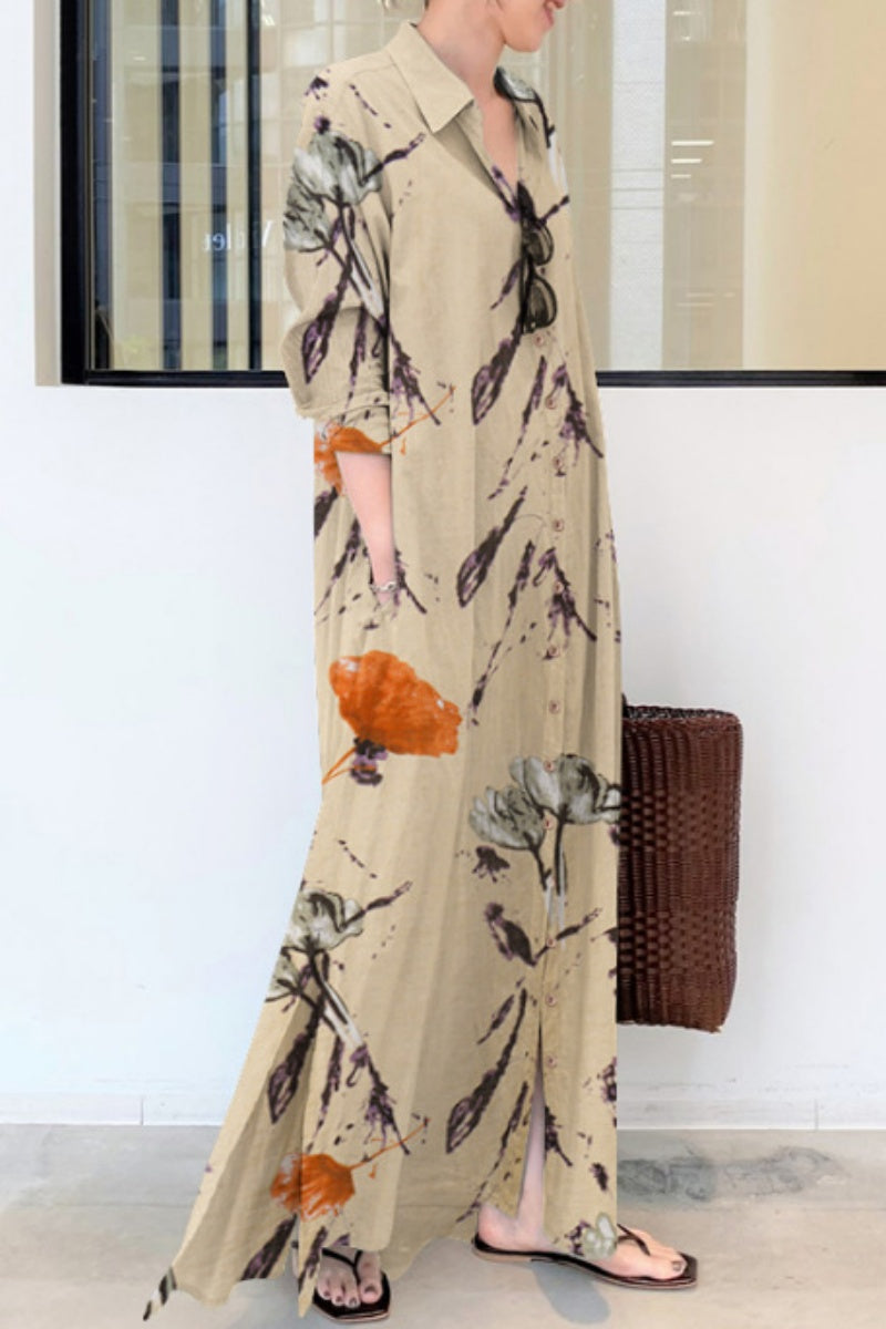 Print Patchwork Shirt Collar Long Dresses