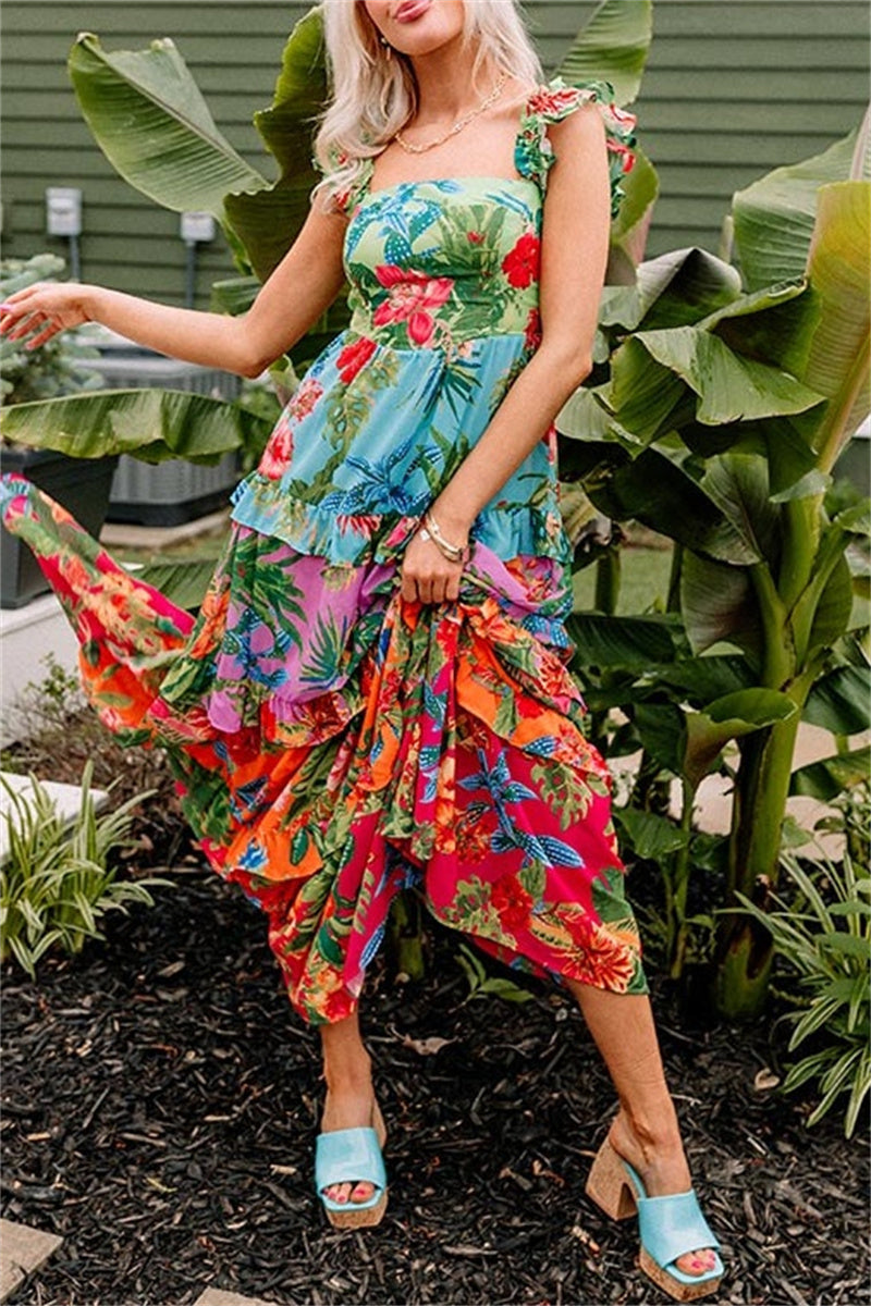 Print Patchwork Backless Square Neck Long Dresses