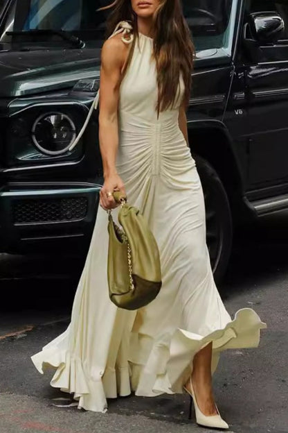 Color Hollow Out Ruched O Neck Long Dresses