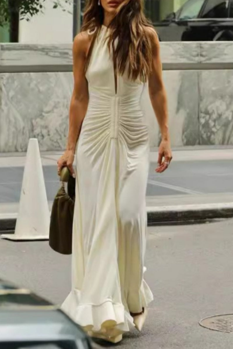 Color Hollow Out Ruched O Neck Long Dresses