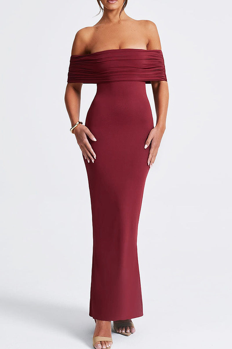 Celebrities Color Hollow Out Patchwork Backless Ruched Off Shoulder Long Dresses