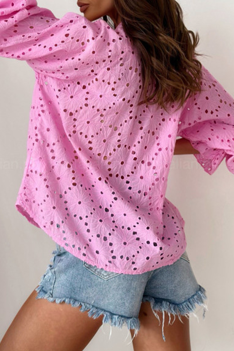 Color Hollow Out V Neck Blouses