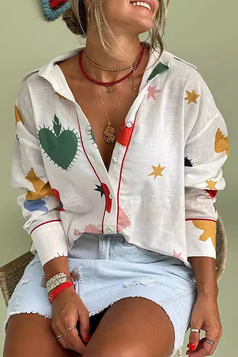 Daily Graffiti Print Buttons Turndown Collar Blouses